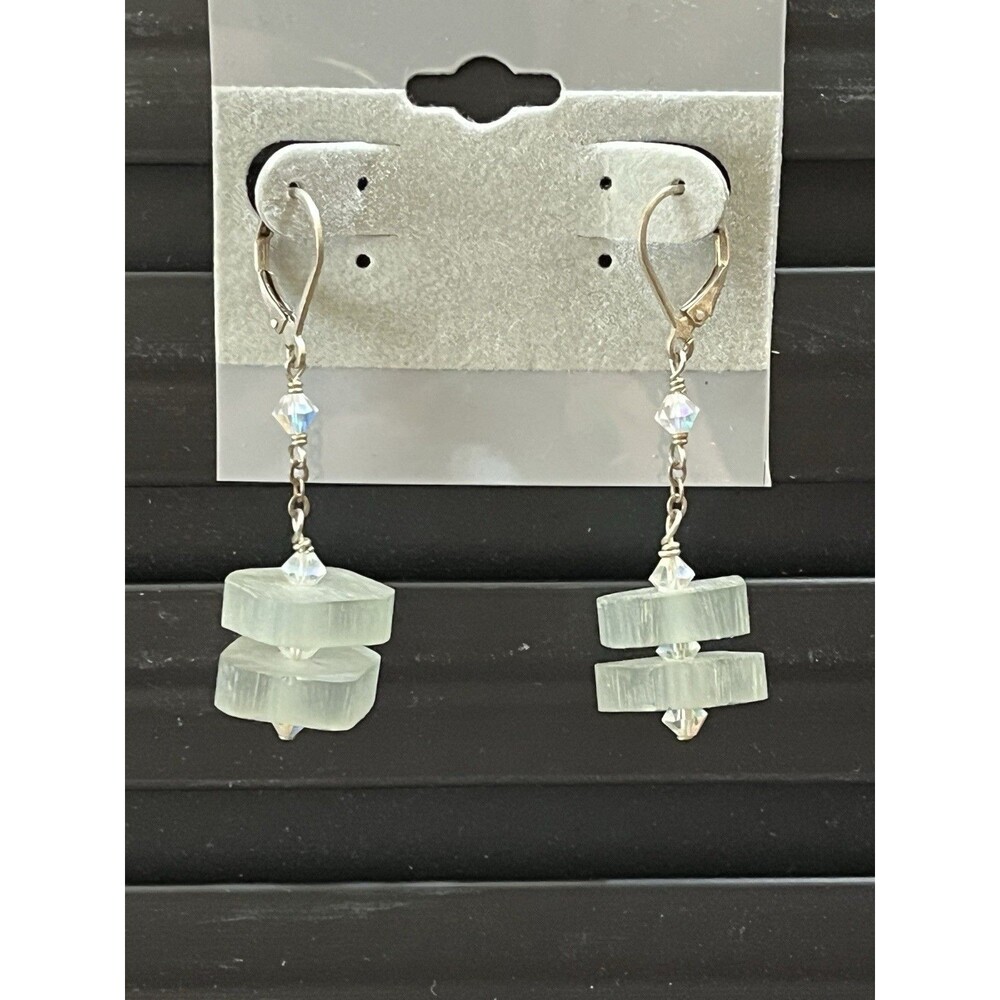 Sterling Silver Australia Crystal & Rectangular Mint Sea Glass Artisan Earrings